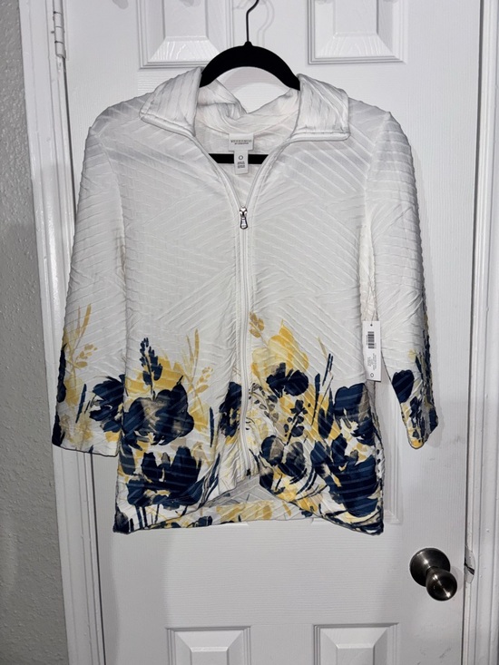 Chico's Jackets & Blazers - Chico's White Zip-Front Jacket with Navy & Yellow Floral Border